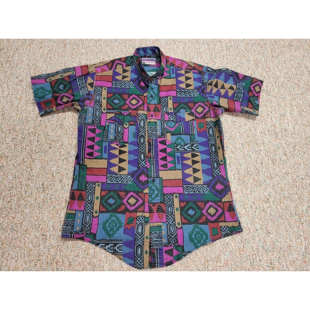 Plainsman Shirt Mens Large Aztec‎ Western Tribal Short Sleeve Button Up